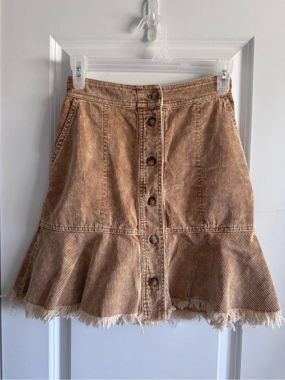 Mazik Tan Corduroy Button-Front Ruffle frayed Hem Mini Skirt